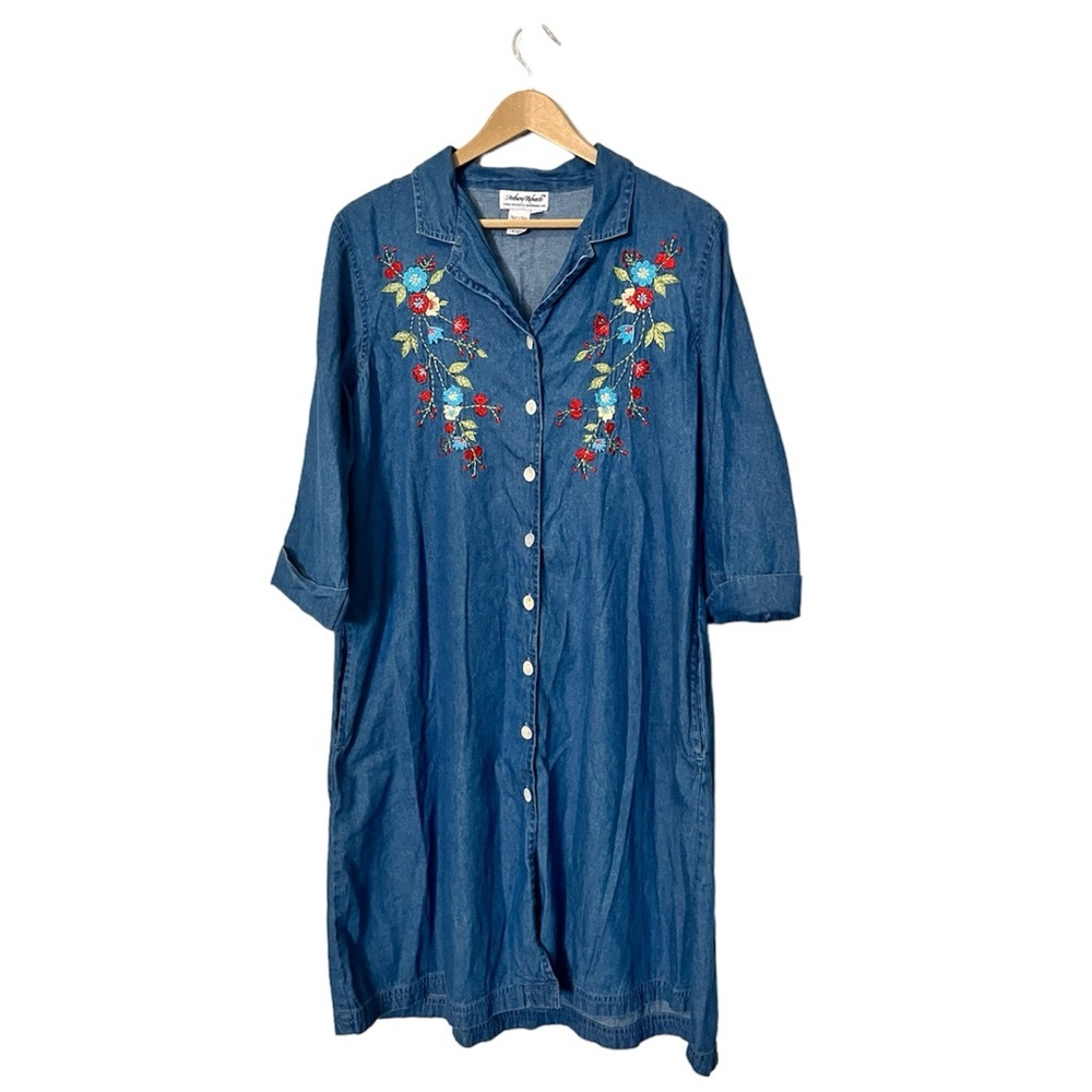 Anthony Richards Vintage 100% Cotton Denim Floral Embroidered 3/4 Sleeves Dress